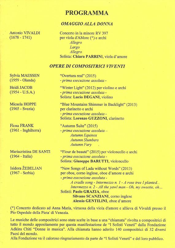 Programme for concert in Padua