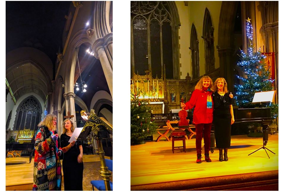At St Gabriel's: Maggie interviews Fiona (in the role of Liana Alexandra); happy smiles from the performers