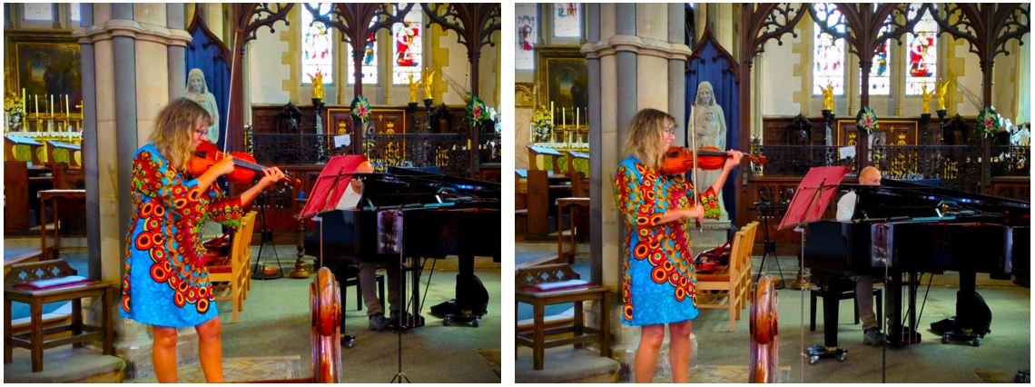 Fiona playing (Pizzicato, on L, Arco on R), St Mary's Priory Church, Monmouth