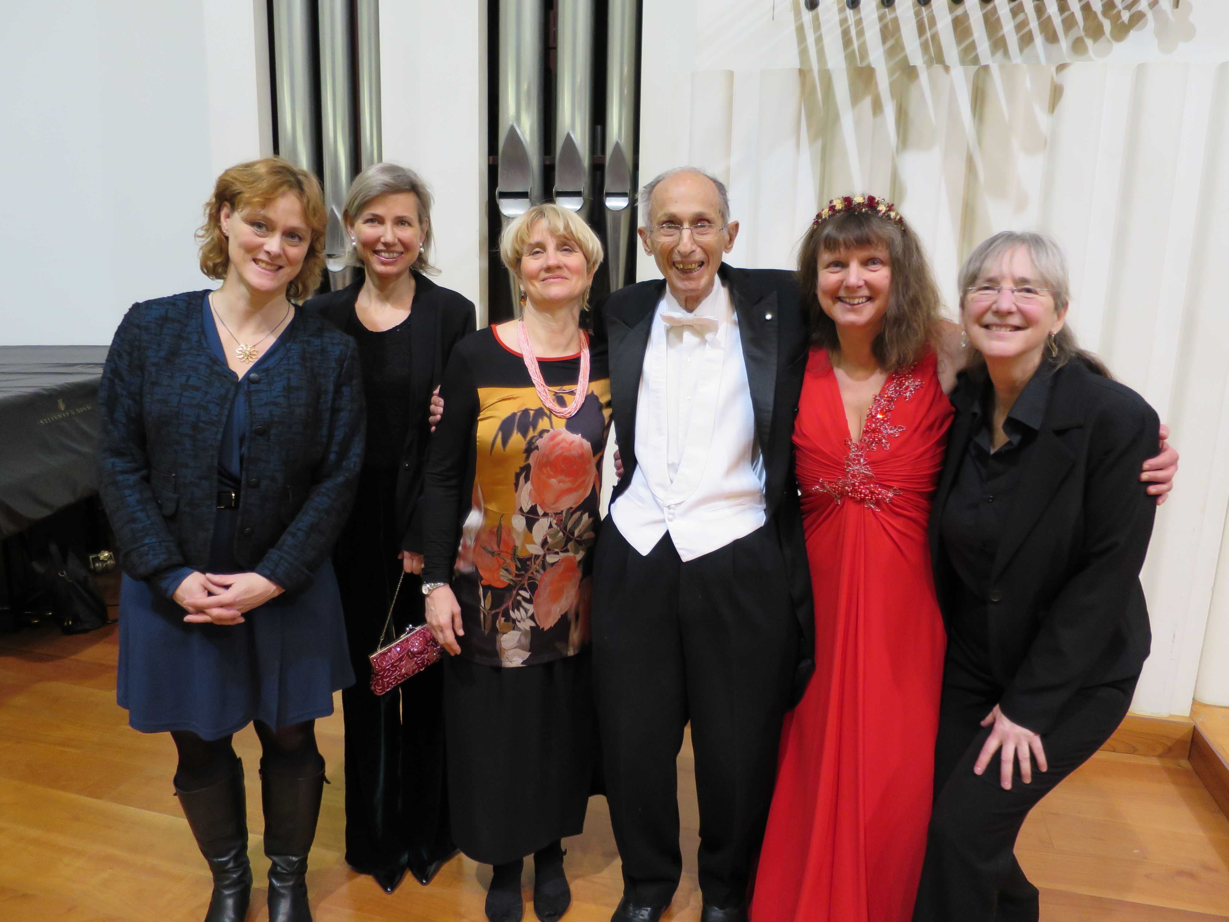 Five Composers after the concert, with Claudio Scimone (L-R: MH, MCDS, HJ, CS, FF, SM)