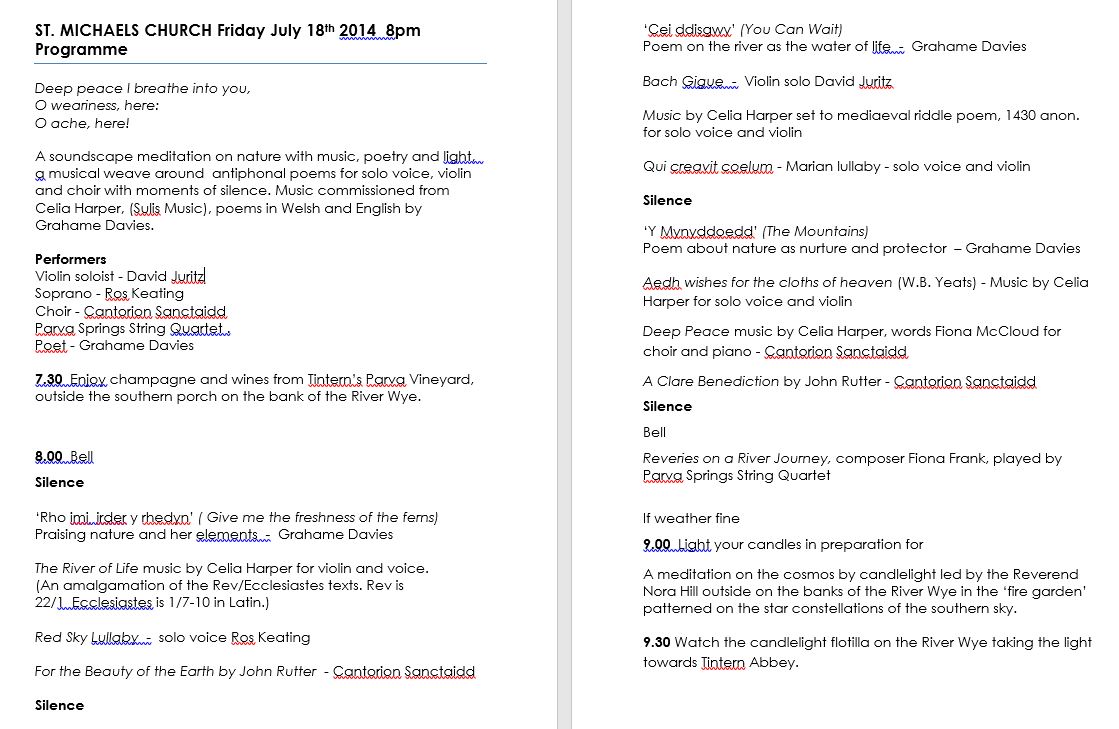 Programme for concert including Reveries on a River Journey
