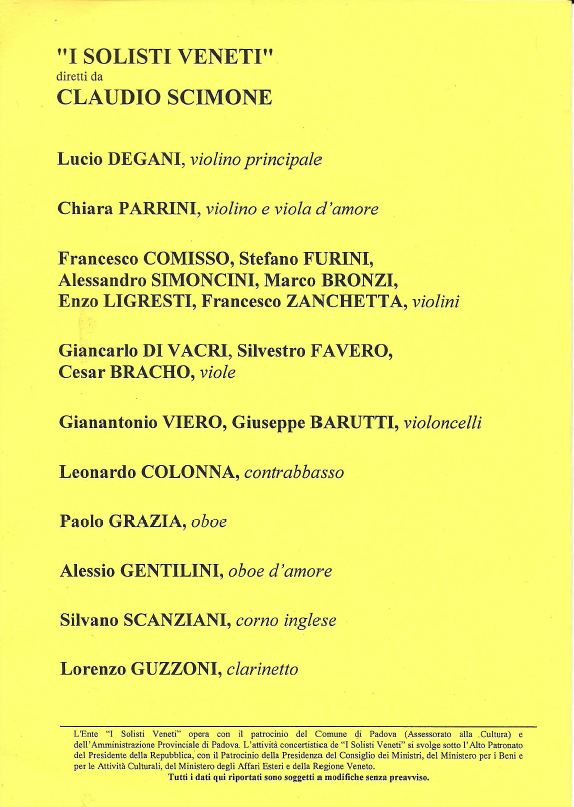 Programme for concert in Padua