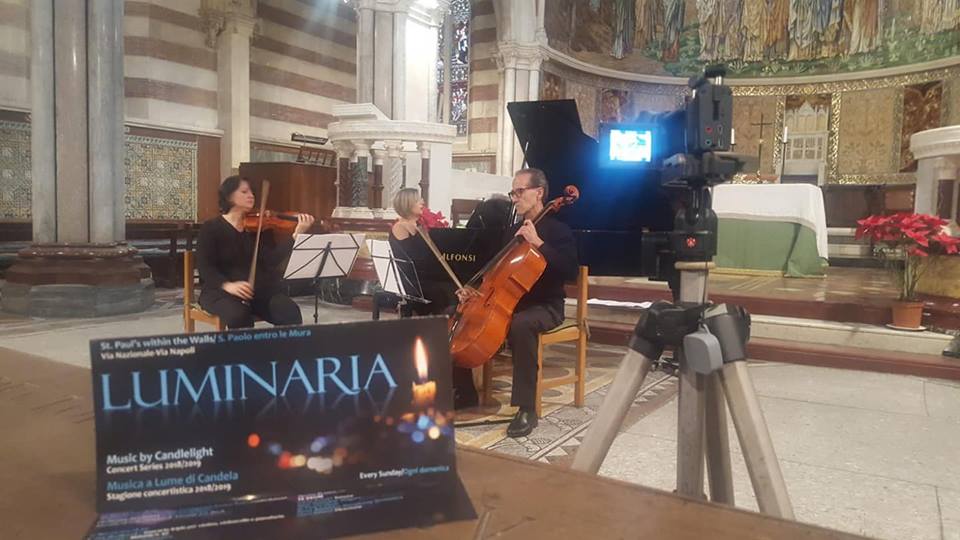 Trio Arcadia di Roma rehearsing for the premiere, St Pauls within the Walls