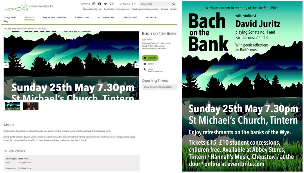 David Juritz concert flyer and advertisement in 'Visit Monmouthsire', St Michael's, Tintern- the latter mentioning Fiona's piece