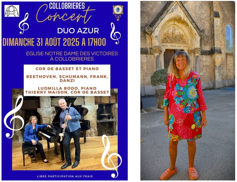 Poster for Collobrieres concert; Fiona outside the venue 